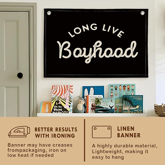 Lacama Long Live Boyhood Boys Room Decor, Boy Nursery Decor, Canvas Banner Wall Hanging Banner Flag Decor for Nursery Playroom Toddler Room, Boys Kids Rooms Decor 30x20 Inch (Black)