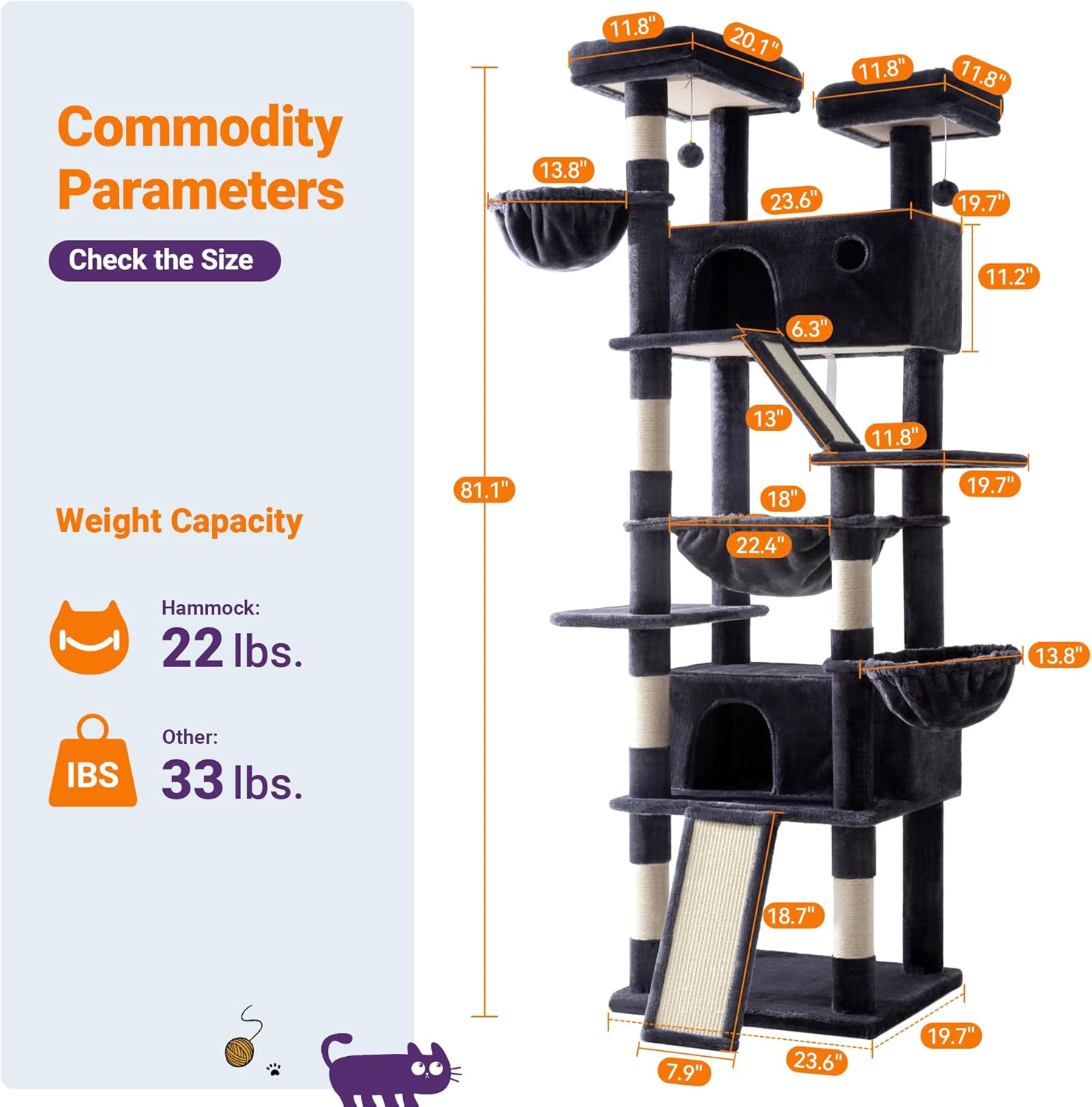 Allewie 81 Inches Tall Cat Tree/Multi-Level Large Climbing Tree House and Towers for Big Feline/Condo and Hammock/Scratching Post/Wide Base/Dark Grey