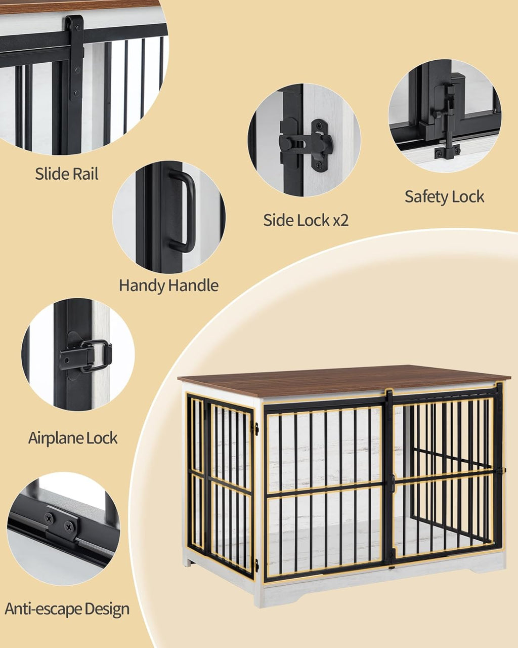 XL Large Dog Crate Furniture, 44.1" Indoor Dog Kennel Furniture with Barn Door, Wooden Tall Dog Crate, Heavy Duty Dog Cage for Large Dogs, Side End Table, Anti-Chew, White Brown DFC80114B