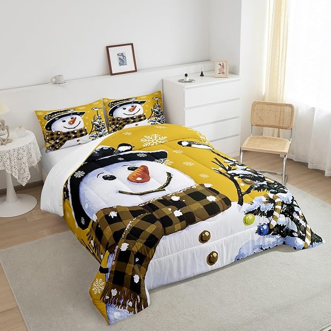 Feelyou Kids Christmas Theme Decorations Bedding Set Xmas Snowman Comforter Set for Boys Girls Snowflake Kawaii Cute Comforter Bright Yellow Quilt Set Bedroom Collection Full Size