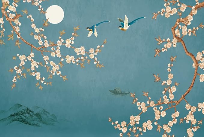 Spring Flowers Bird Wallpaper Chinoiserie Tree Wall Mural Blue Background Wall Decals (Not Peel n' Stick)