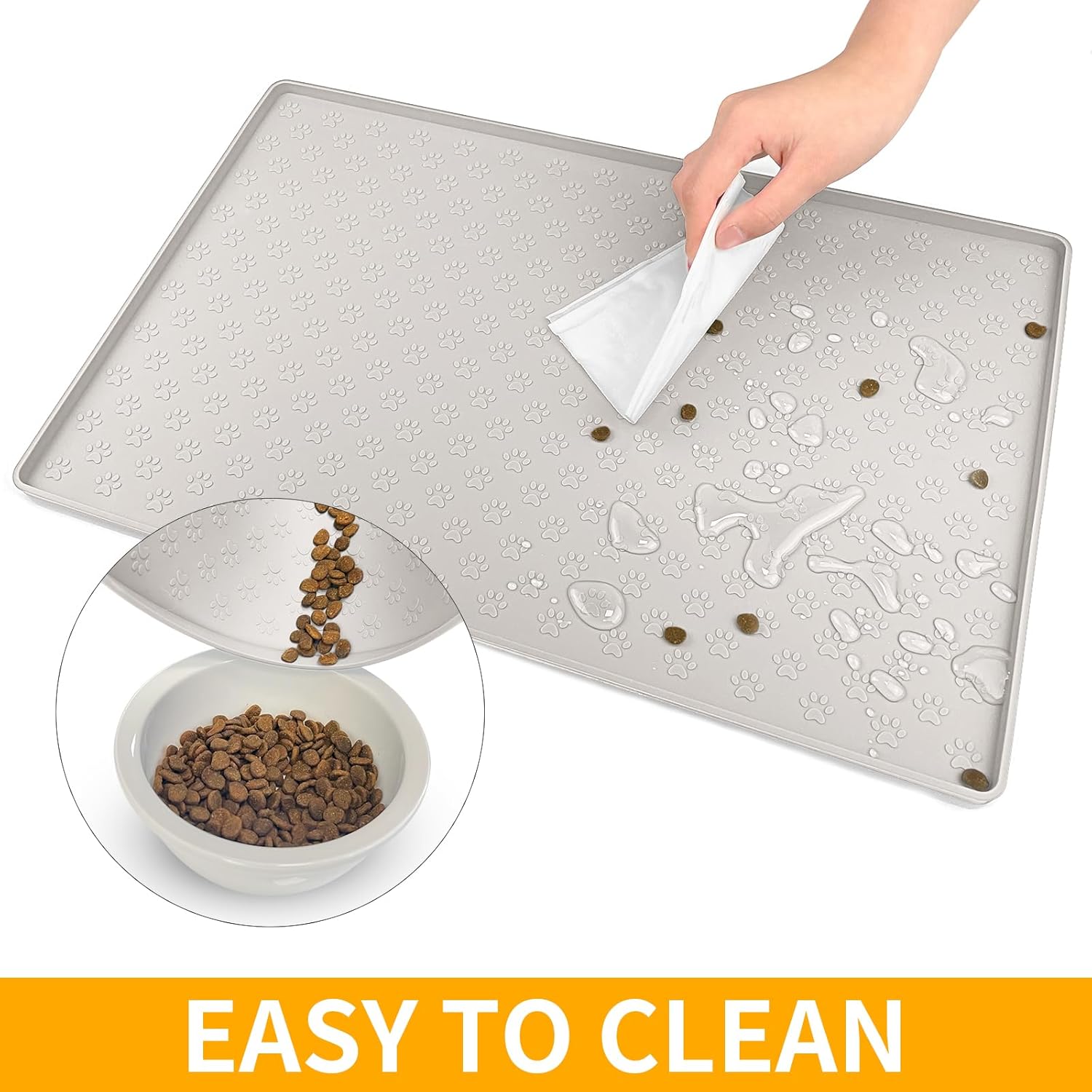 Ptlom Dog Food Mat Anti-Slip Pet Bowl Mats for Food and Water, High-Lips Pet Placemat Prevent Messy Spills to Floor, Waterproof Puppy Feeding Tray for Small, Medium Large Dogs Cats, Silicone