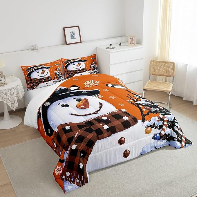 Feelyou Kids Christmas Theme Decorations Bedding Set Xmas Snowman Comforter Set for Boys Girls Snowflake Kawaii Cute Comforter Pumpkin Orange Quilt Set Bedroom Collection Toddler Size