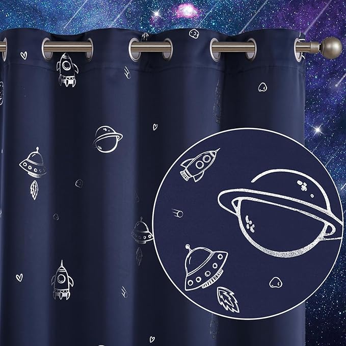 Vangao Navy Blue Kids Curtains for Boys Bedroom Space Theme Blackout Curtains for Kids Nursery Girls Room 63 Inches Length Silver Foil Print Drapes Grommet Top Window Treatments Set 2 Panels