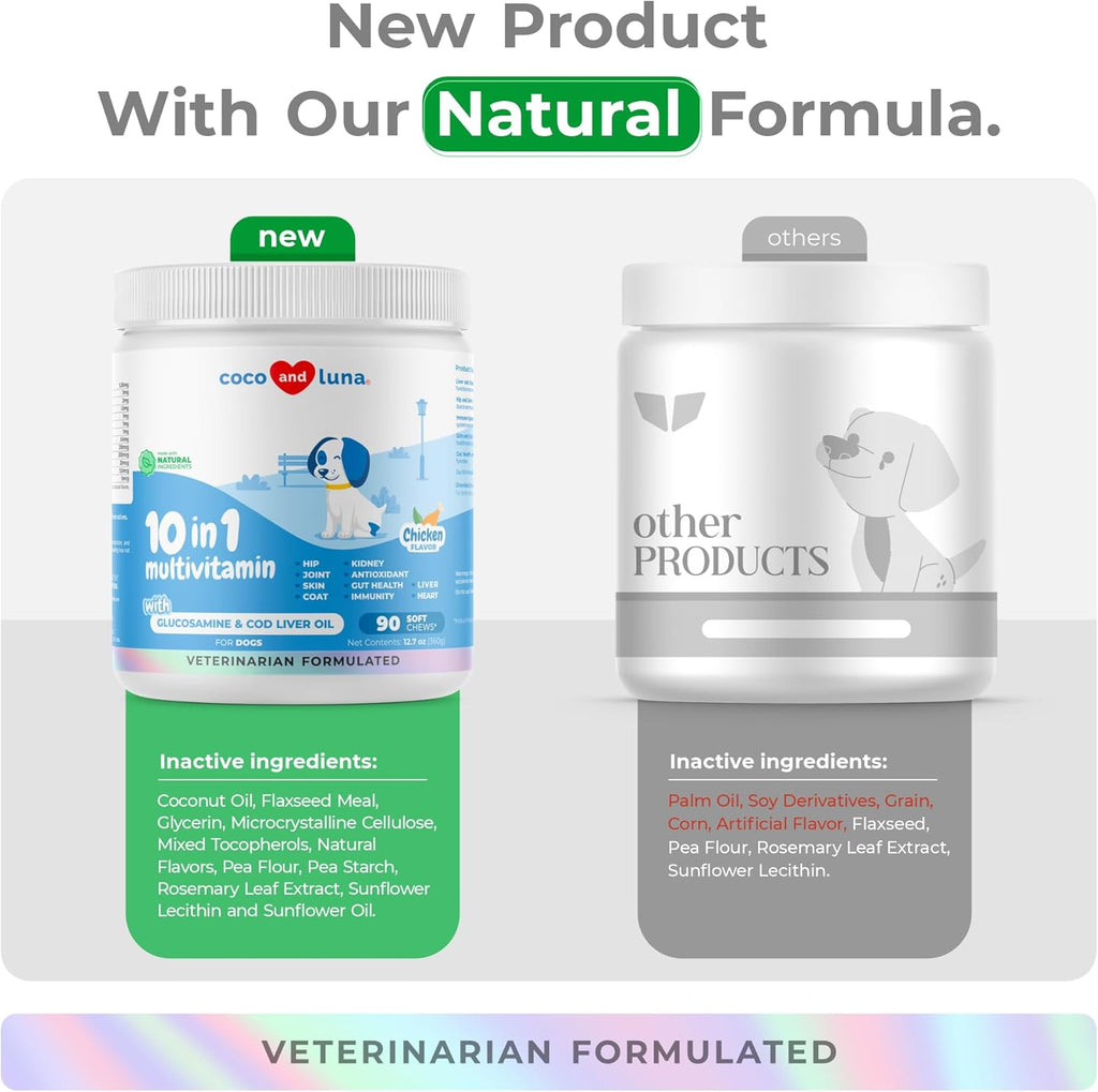 10 in 1 Multivitamin for Dogs - Glucosamine Chondroitin for Joint Support + Digestive Enzymes & Probiotics - Cod Liver Oil & Vitamins with Coq10 for Skin & Heart Health, Gut & Immune Support