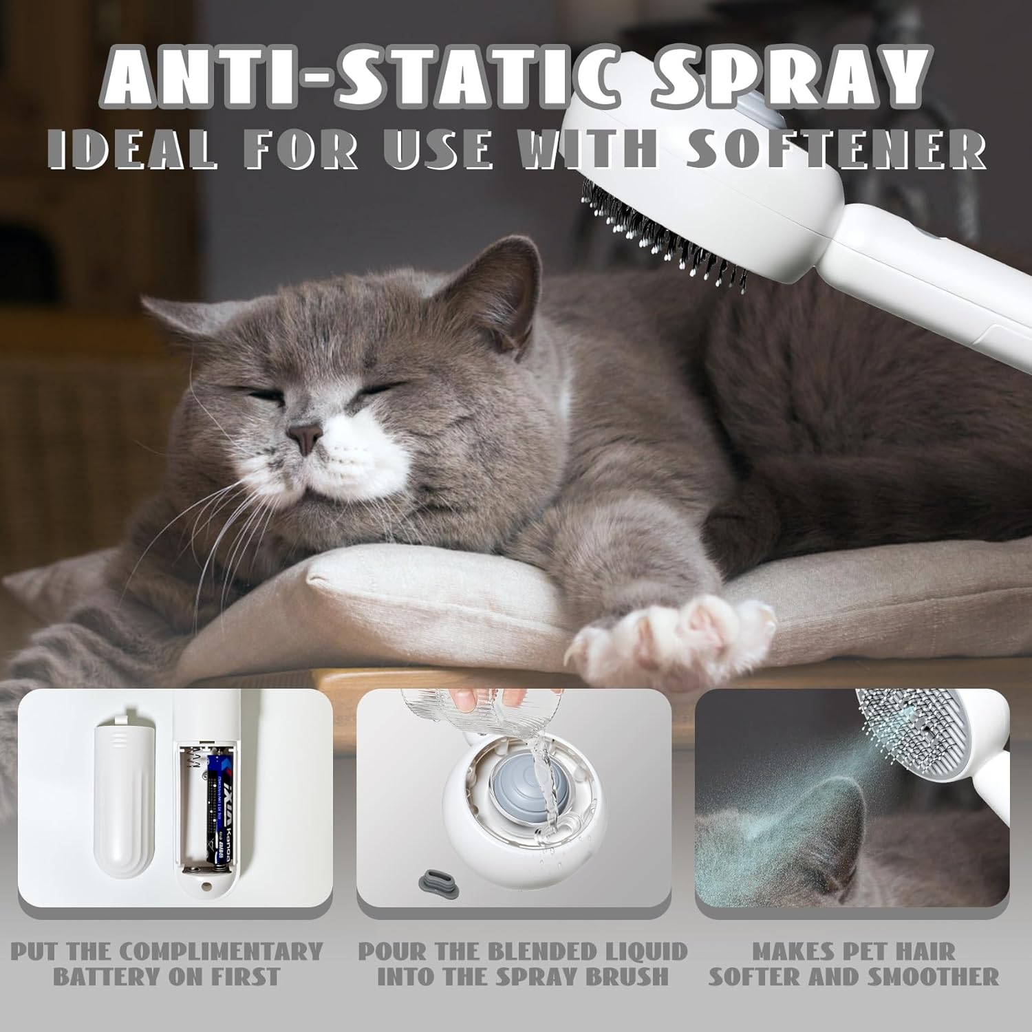 3-in-1 Steam Brush for Cats & Dogs – Hair Removal Comb with One-Click Release & Water Spray – Grooming Brush for Shedding, Long/Short Hair (white brushs-grey)