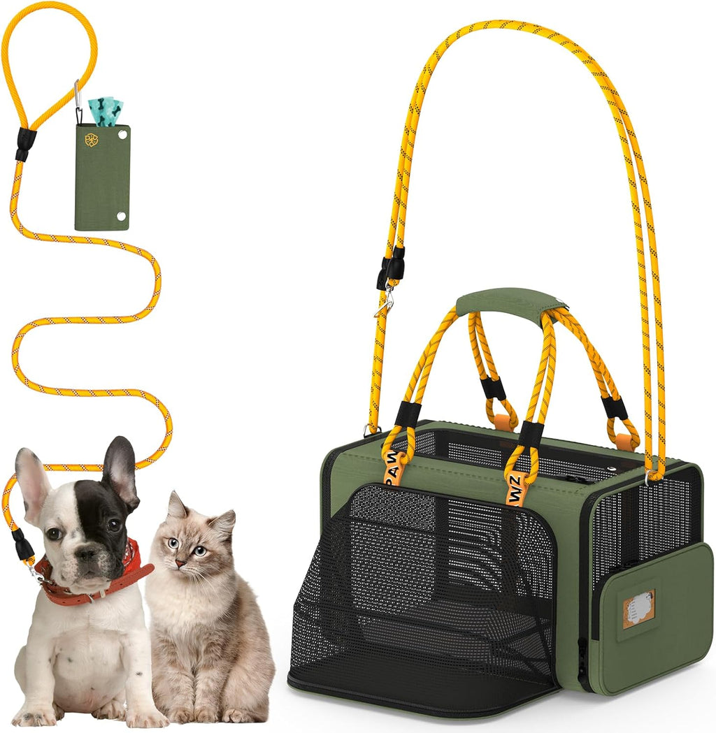 PAWZIDEA Expandable Pet Carrier w/ID Card, 18x11x11 in Small Dog Carrier TSA Airline Approved, Top Load Cat Carrier for 2 Cats Under Seat, Soft-Sided Collapsible Puppy Car Seat Dog Travel Bag, Up 15lb