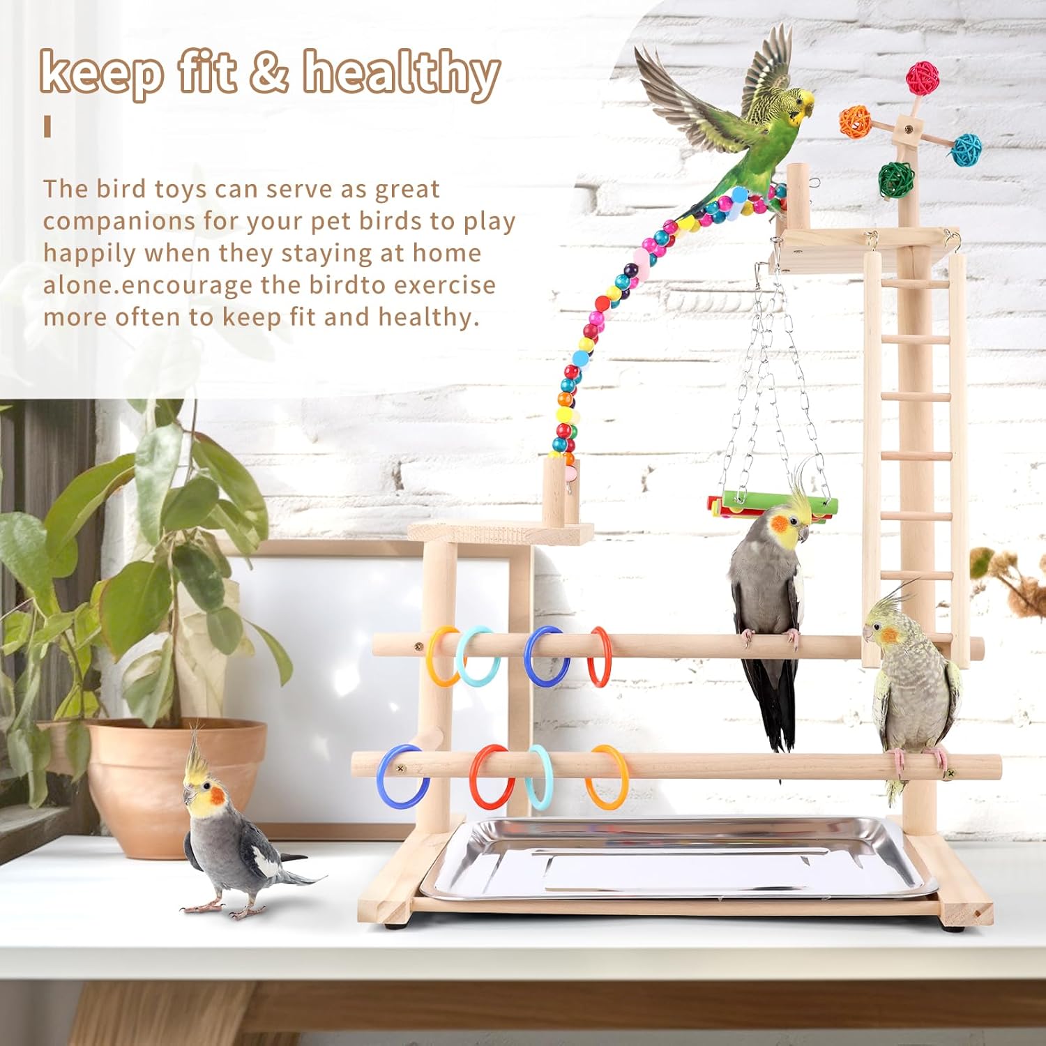 Bird Playground, Perch Stand Parrot Playstand Play Gym with 2 Perches Stand Windmill Toys, Playpen for Parakeet Conure Cockatiel Lovebird Budgie Caique, Exercise Playgym with feeding Cups