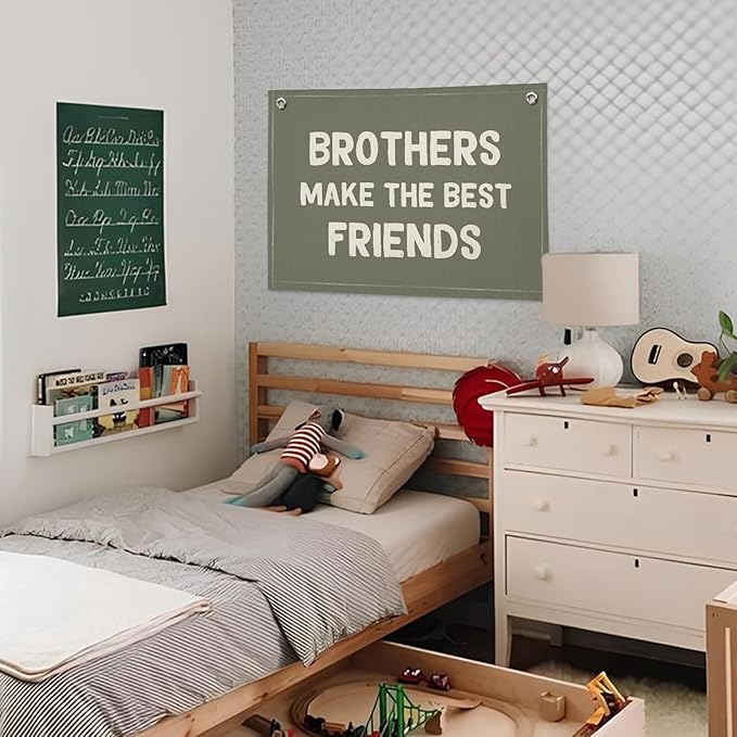 Boy Room Decor, Brothers Make The Best Friends Toddler Room Banner, Linen Canvas Banner Wall Hanging Flag Decor for Nursery Playroom 20x30 Inch