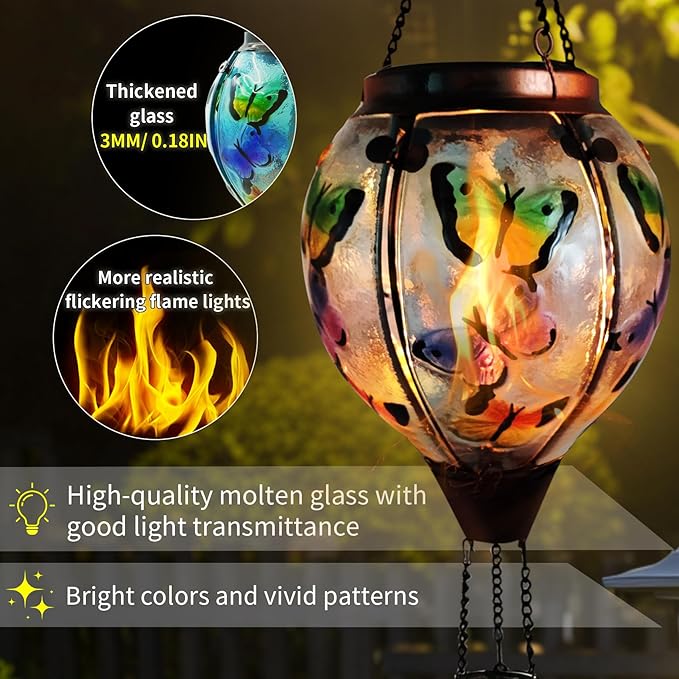 Glass Solar Hot Air Balloon Lantern with Flame Hanging Garden Flickering Light Outdoor Waterproof for Yard Patio Tree Mother's Day Gift, Butterfly