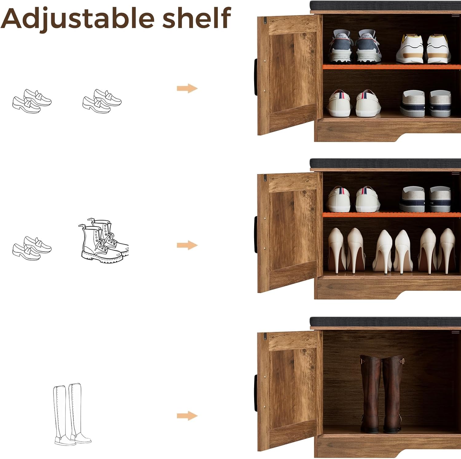 2-Tier Storage Bench, Shoe Bench with Padded Seat Cushion, Entryway Bench with 4 Barn Doors, Adjustable Shelf, 13.8" D x 47.2" W x 17.7" H, for Entryway, Living Room, Bedroom, Rustic Walnut