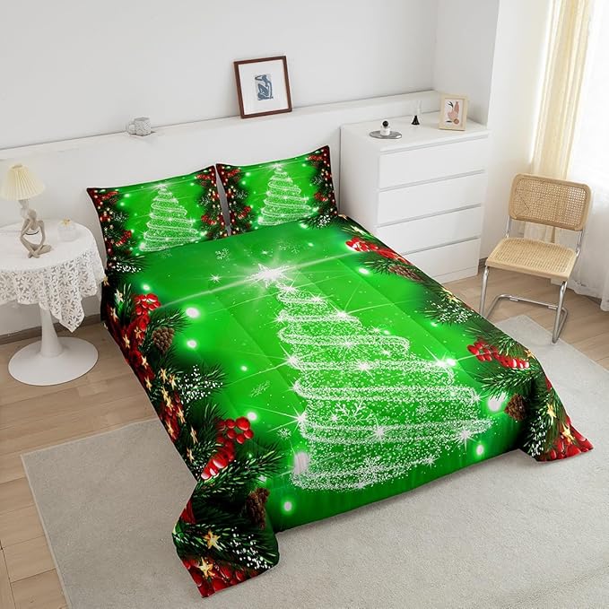 Feelyou Kids Merry Christmas Decorations Comforter Set, Kids Santa Tree Bedding Set Full Size for Boys Girls Teens Xmas Christmas Bell Decor Comforter Glitter Green Quilt Set