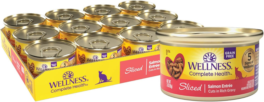 Wellness Complete Health Sliced Adult Wet Cat Food, Natural, Protein-Rich, Grain Free, 3 Ounce, 24 Pack, (Salmon Entrée)