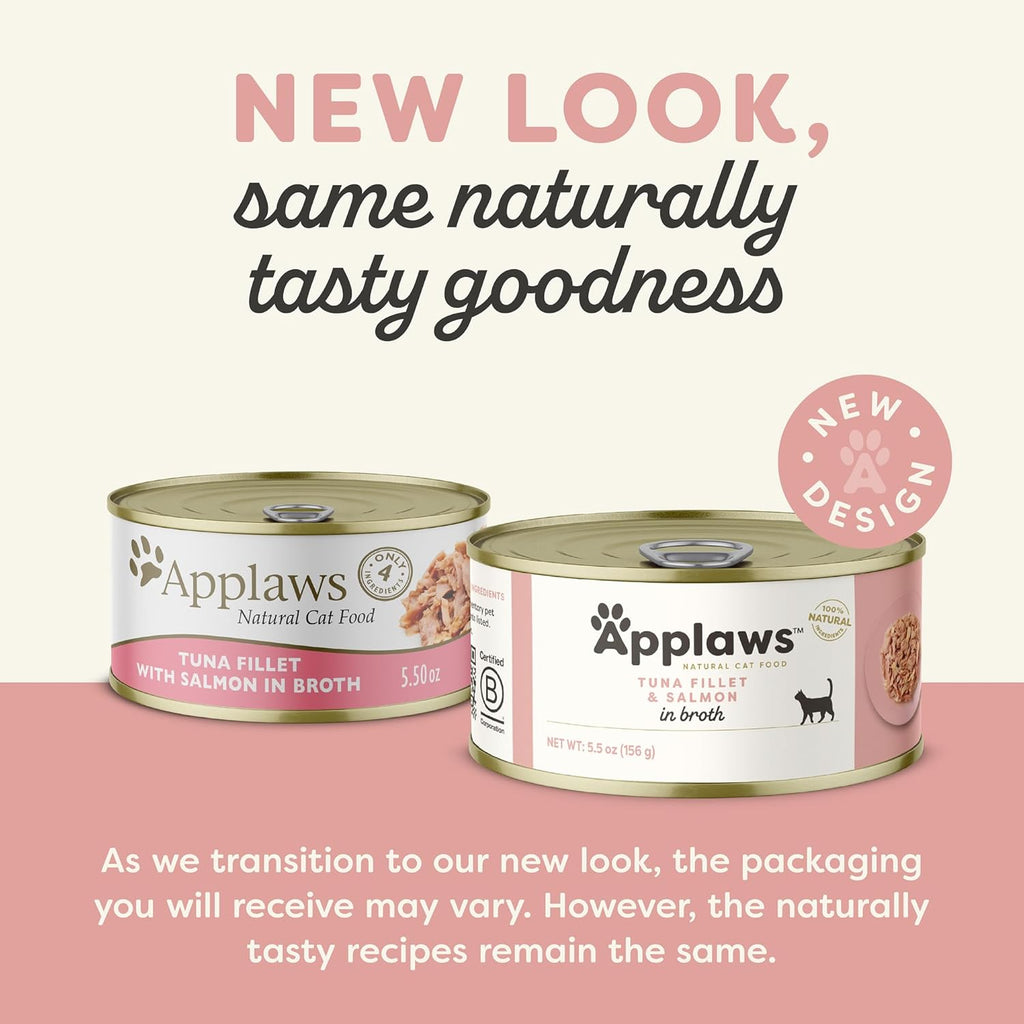 Applaws Natural Wet Cat Food in Broth, Limited Ingredient Canned Wet Cat Food, No Additives, Made with Natural Ingredients, Tuan Fillet & Salmon in Broth (24 x 5.5oz Cans)
