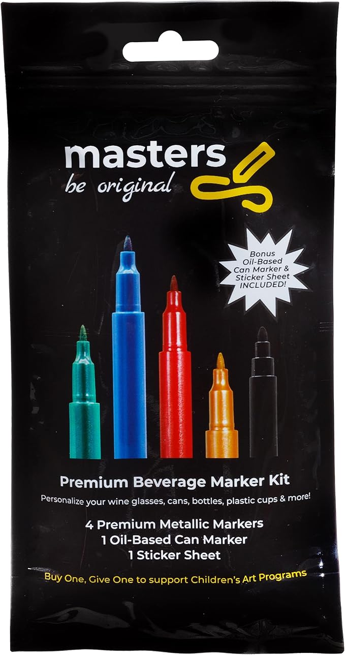 Washable Beverage Markers Set | Non-Toxic, Erasable Ink Writing on Cold Drinks, Bottles, Plastic Cups, Mirrors | 4 Assorted Metallics, 1 Black Oil-Based Pen, Sticker Labels, Metallic