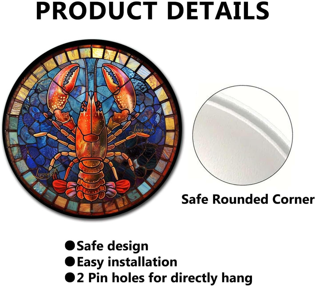 Lygond Metal Sign Tin Sign Circular Stained Glass Lobster Gardening Decor Gift for Garage 12×12 Inches