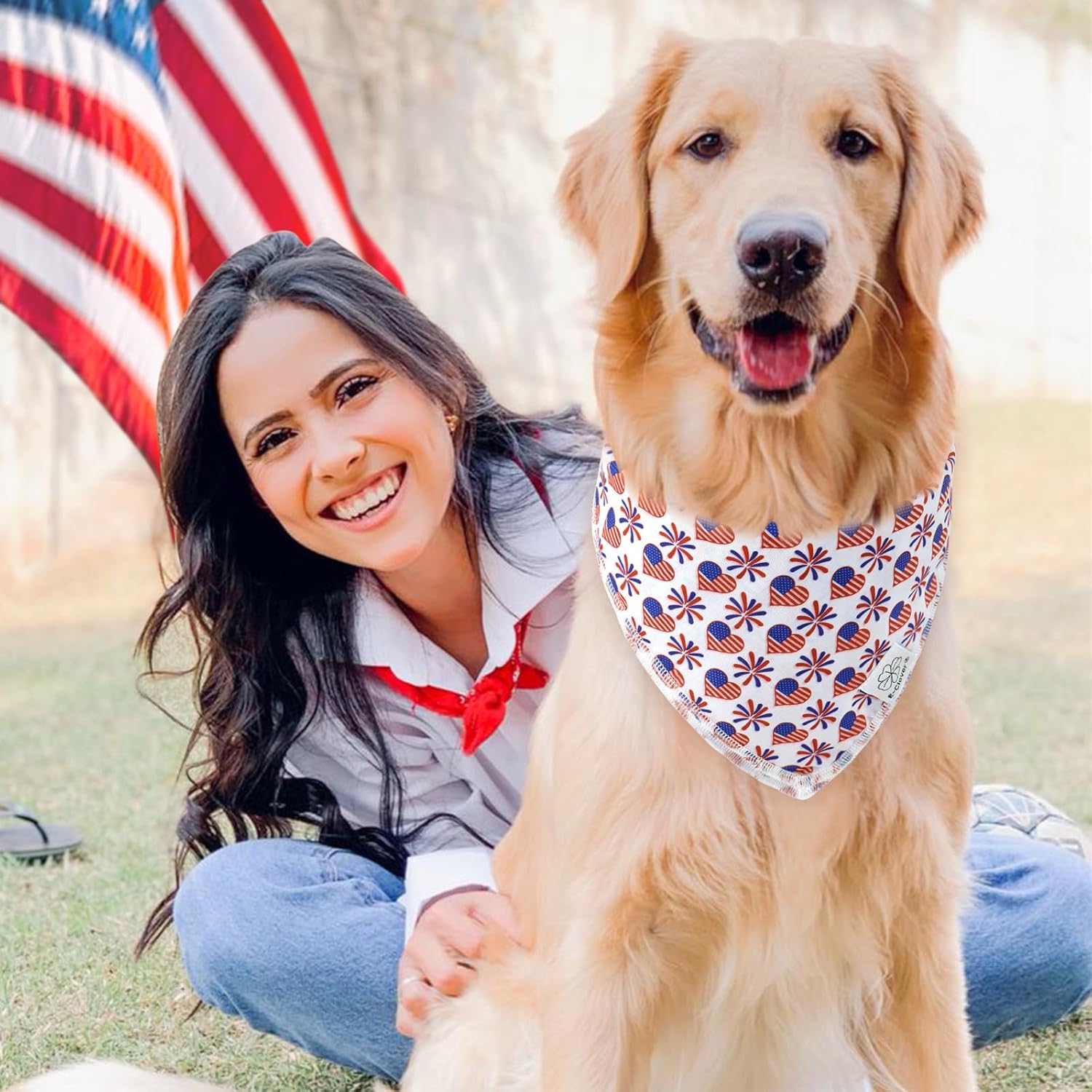 E-Clover 4th of July Dog Bandanas 2 Pack American Flag Pet Patriotic Scarf for Boy and Girl Cute Dog Costumes Accessories for Medium Large Dogs