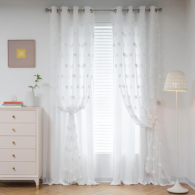 MYSKY HOME Light Blocking White Curtains for Living Room White Sheer Pom Pom Kids Room Decor Drapes 102 Inches Long Double Layer Curtain for Sliding Door Grommet Window Panels Set of 2 52" x 102"