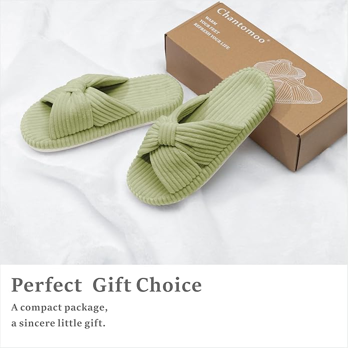 Chantomoo Slippers for Women Memory Foam House Bedroom Corduroy Bow Crossbands Slipper Shoes Comfy Trendy Gift Slippers