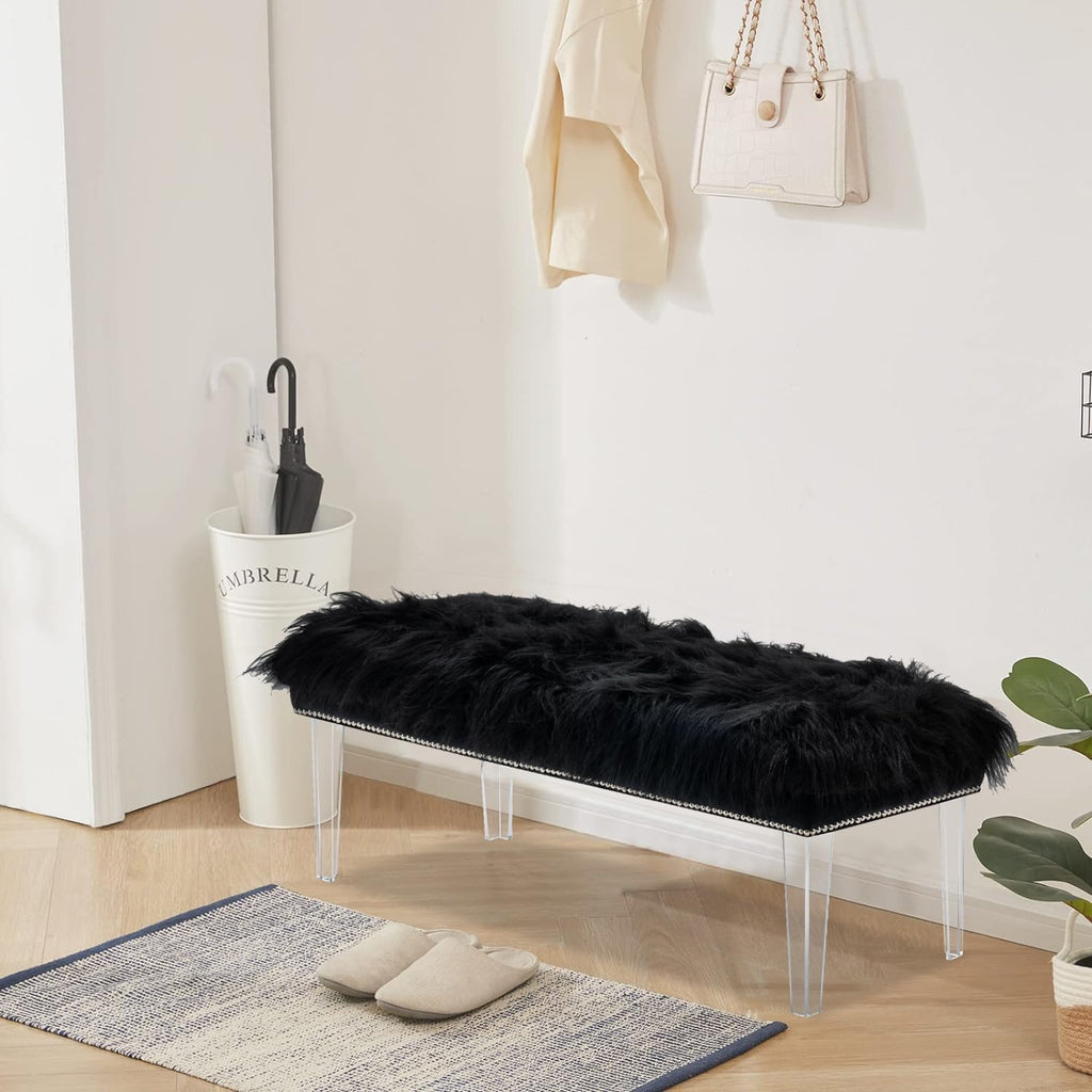 46 Inch Black Bedroom Bench, Benches for Bedroom White Faux Fur Upholstered Bed end Bench, Tufting Bench Indoor Bench with Acrylic Legs for Living Room Bedroom Dining Room Entryway, Black