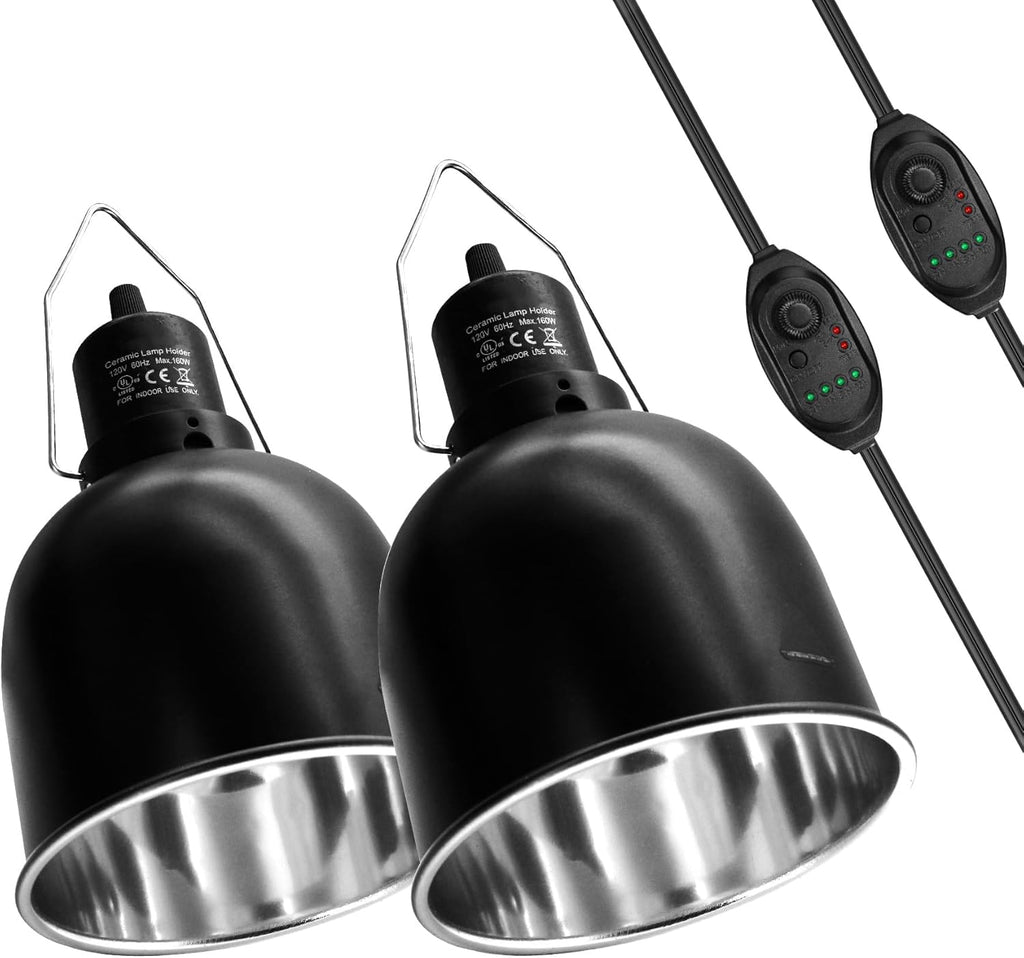 Reptile Light Fixture with Dimming Switch and Timer, 5.5 Inch Deep Dome Reptile Heat Lamp Fixture, Reptile Lamp Fixture Cap for UVB Bulb Basking Heat Bulb for Reptile Glass Terrariums, 2PCS