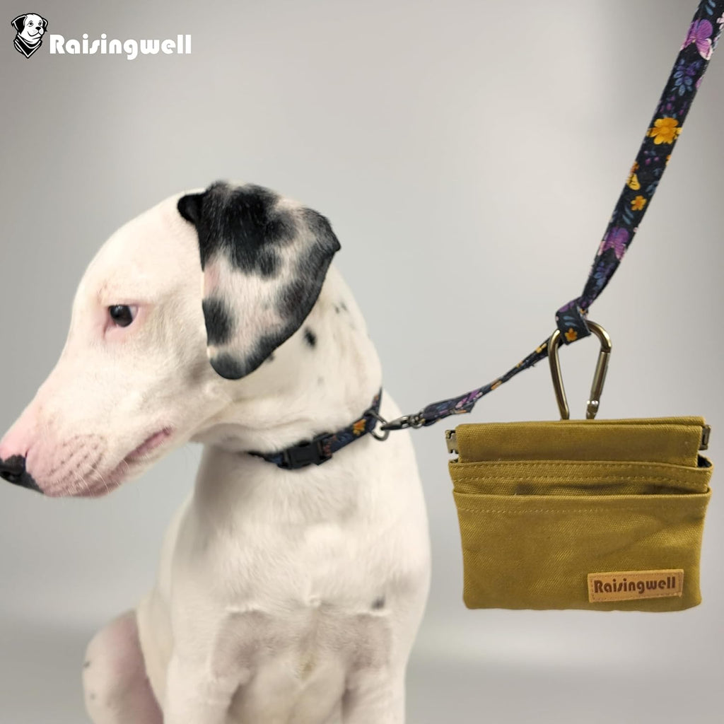 Dog Treat Pouch, Brown Pocket Sized Pet Training Pouch, Cotton Fabric, Hand Free Dog Walking Bag with Carabiner, Self-Closing Pet Feed Snack Reward, for Puppy Travel or Outdoor Use