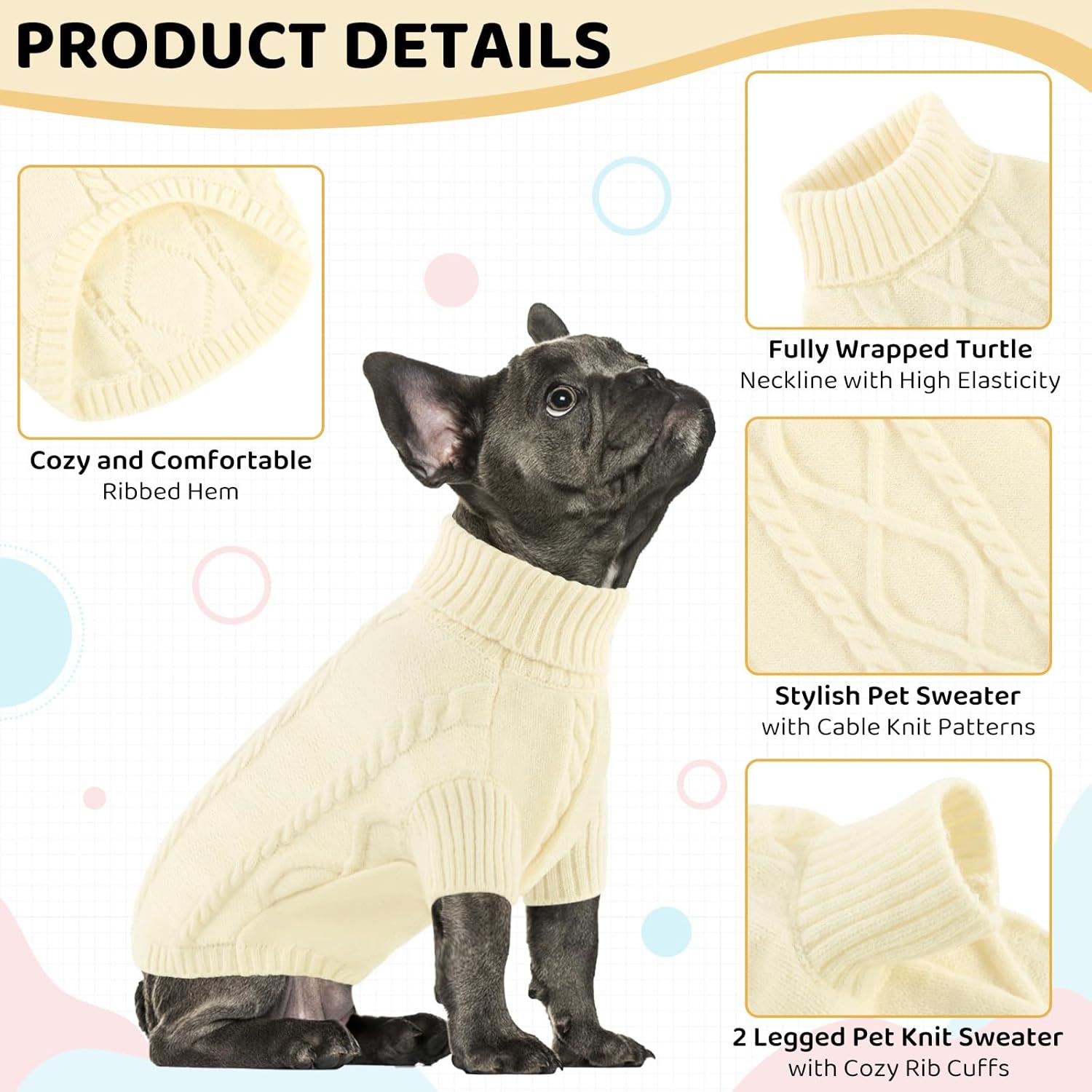 Queenmore Dog Sweater Large Size,Warm Dog Sweaters for Big Dogs,Chunky Knitted Doggy Sweater for Extra Large Dogs Boy Girl, Big Doggie Turtleneck Winter Outfit (White,2XL)