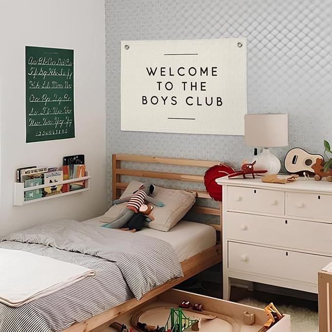 Boys Club Banner, Boys Playroom Kids Room Decor, Playroom Essentials, Linen Banner Kids Tapestry Wall Hanging Flag Decor for Toddler Boy Nursery