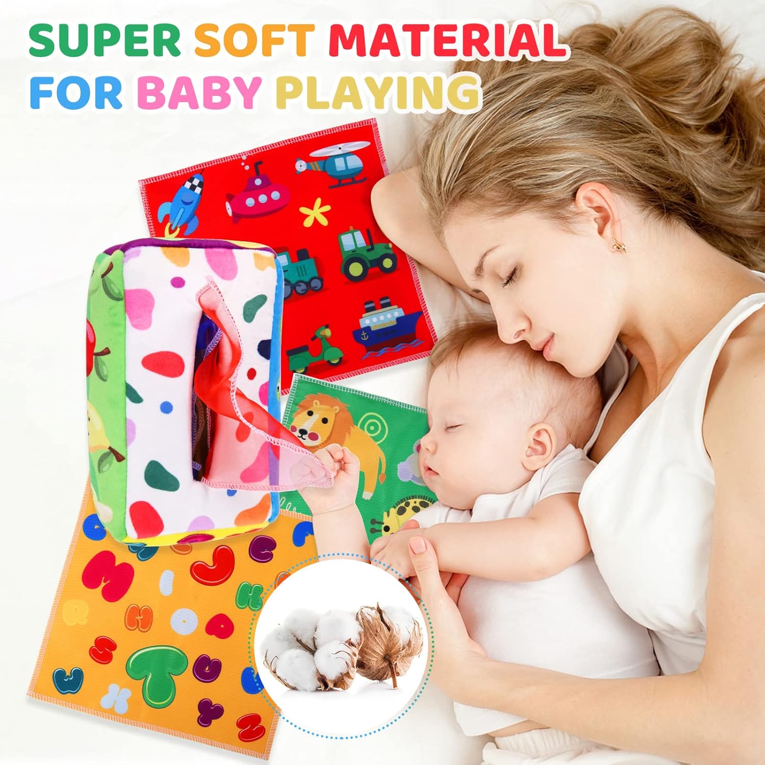 Baby Toys 6 to 12 Months - Tissue Box Toy Montessori for Babies 6-12 Months, Soft Stuffed High Contrast Crinkle Infant Sensory Toys, Boys&Girls Kids Early Learning Gifts