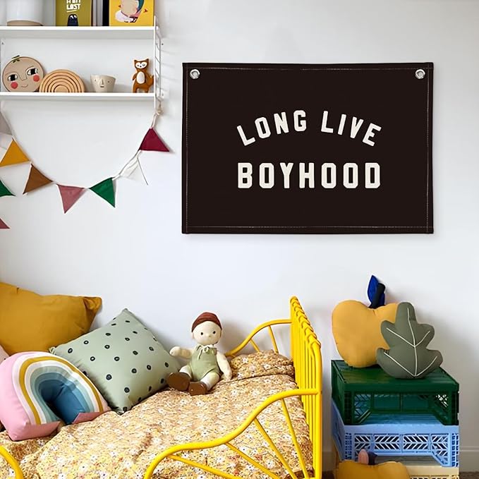 "Long Live Boyhood" Wall Banner 20x30 Inch - Boys Room Decor, Linen Canvas Wall Hanging for Toddler Playroom, Rustic Nursery Sign, Adventure Theme Kids Bedroom Banner - Black