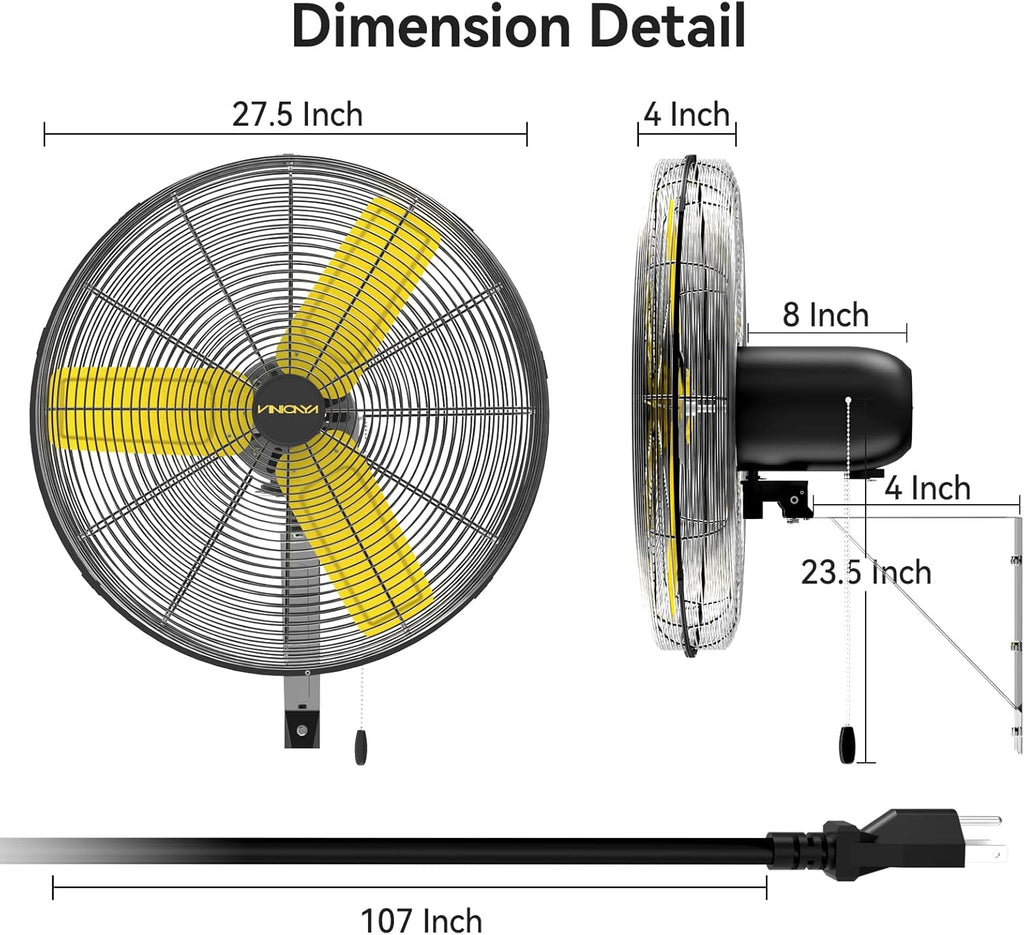 24 Inch Industrial Wall Fan Oscillating, 7800 CFM Commercial Metal Wall Mount Fans with Poweful Motor, 3 Speed, Heavy Duty Indoor for Warehouse, Workshops, and Garage, UL Listed