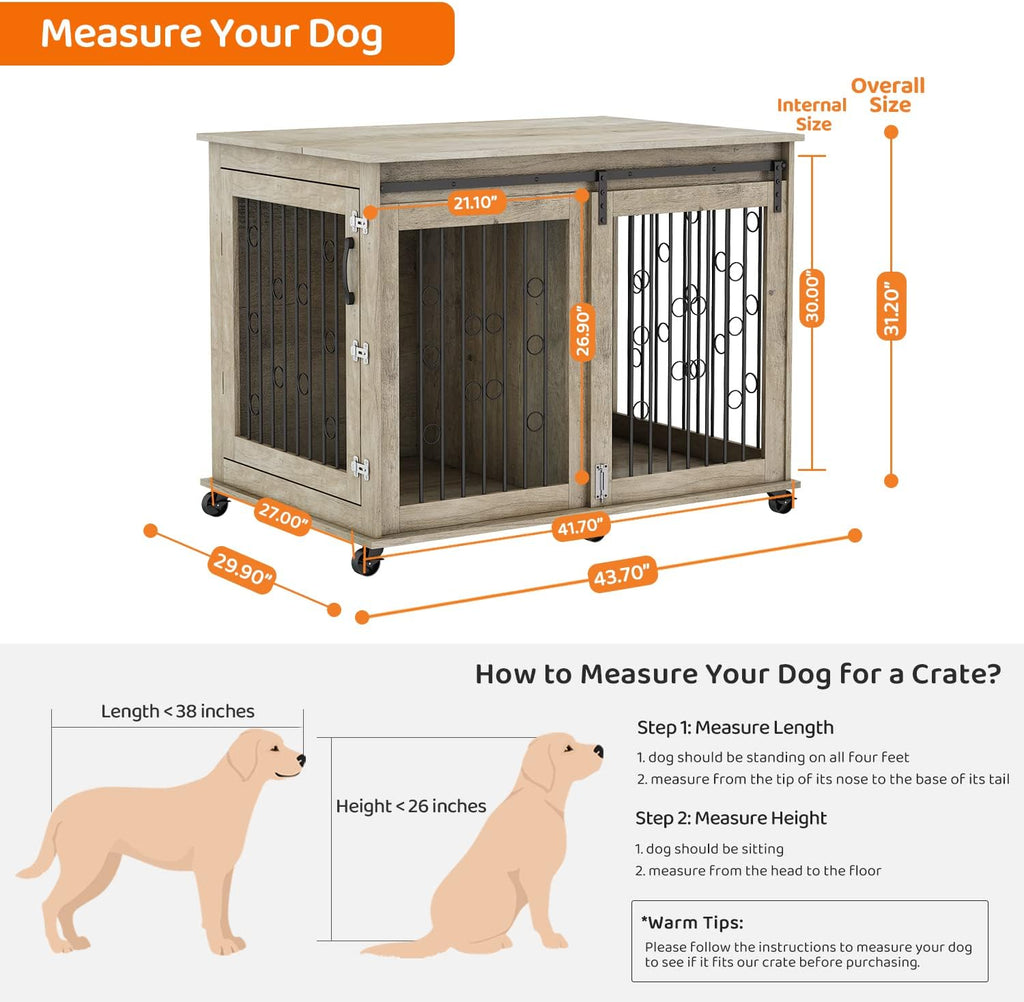 IchbinGo Large Dog Crate Furniture with Sliding Barn Door, 43.7" Wooden Dog Kennel End Table with Wheels and Flip-top Plate Dog House with Detachable Divider for Small/Medium/Large Dog (Rustic Grey)
