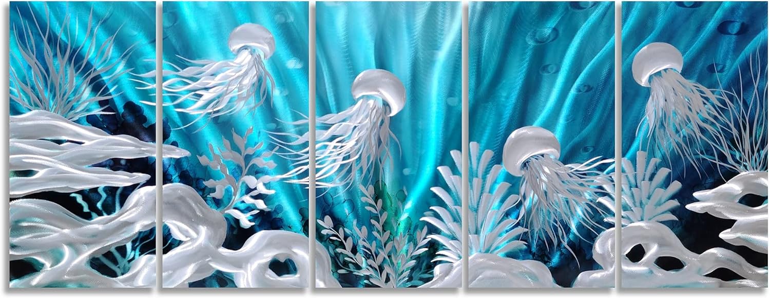 SYGALLERIER Jelly Fish Large Metal Wall Art Hand Grind Aluminum Artwork 3D Undersea World Coastal Pictures Nautical Decor for Living Room Bedroom