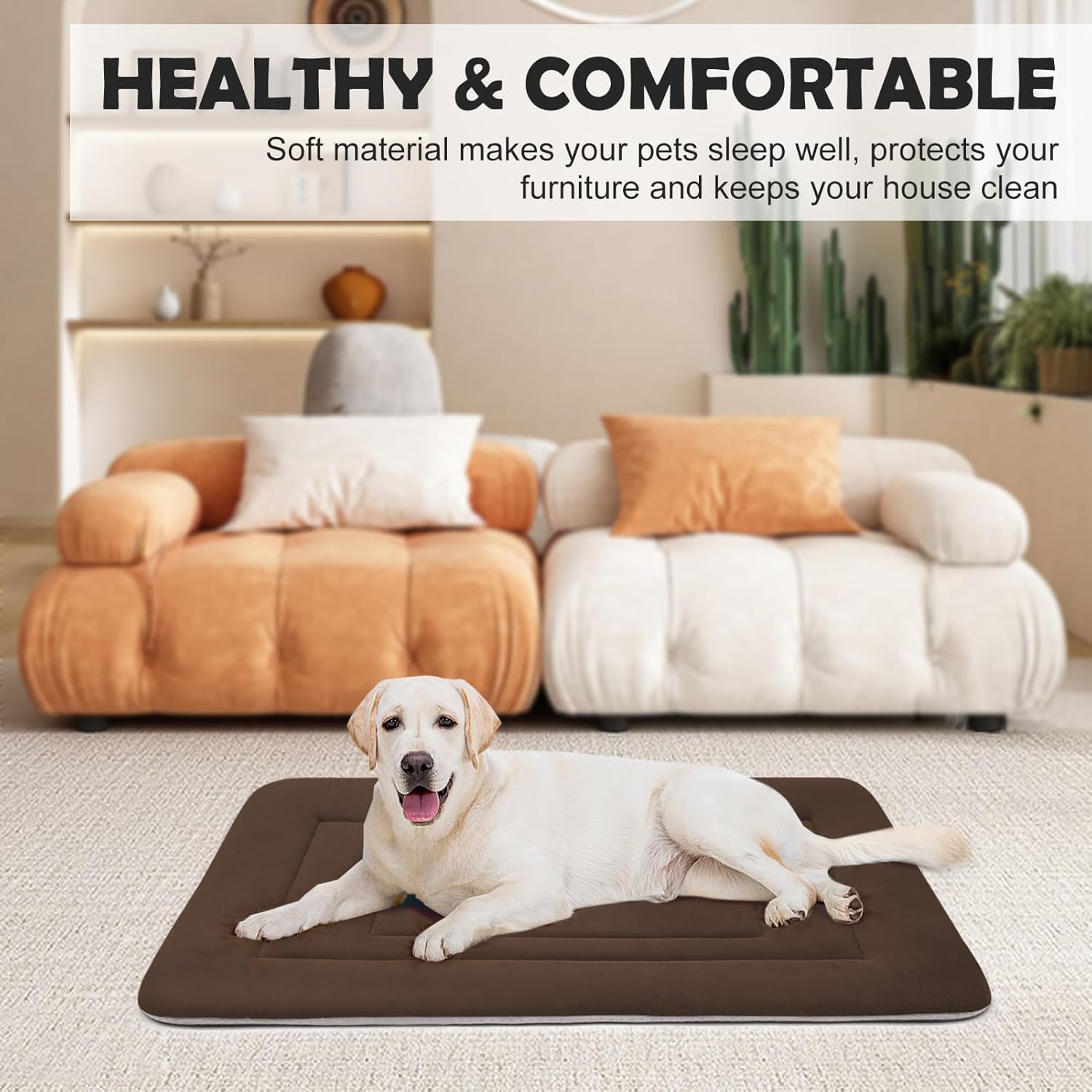 JoicyCo Soft Dog Crate Bed Pad Mat, 48 in Non-Slip Bottom Washable for Extra Large Dogs, Pet Mattress Kennel Pad, Dark Brown