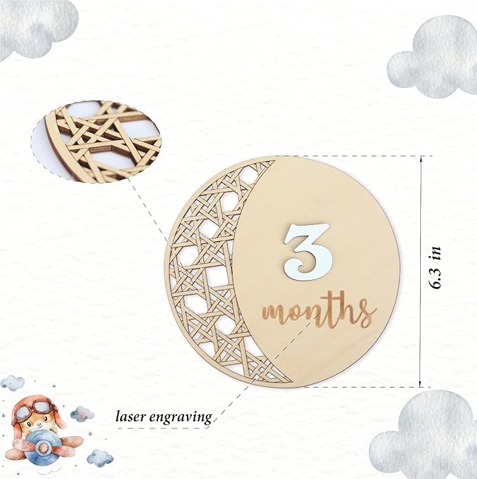 Daisy 3D Baby Monthly Milestone, Wooden Baby Milestone Signs, Monthly Milestone Wood Discs, Baby Milestone Discs (Moon)