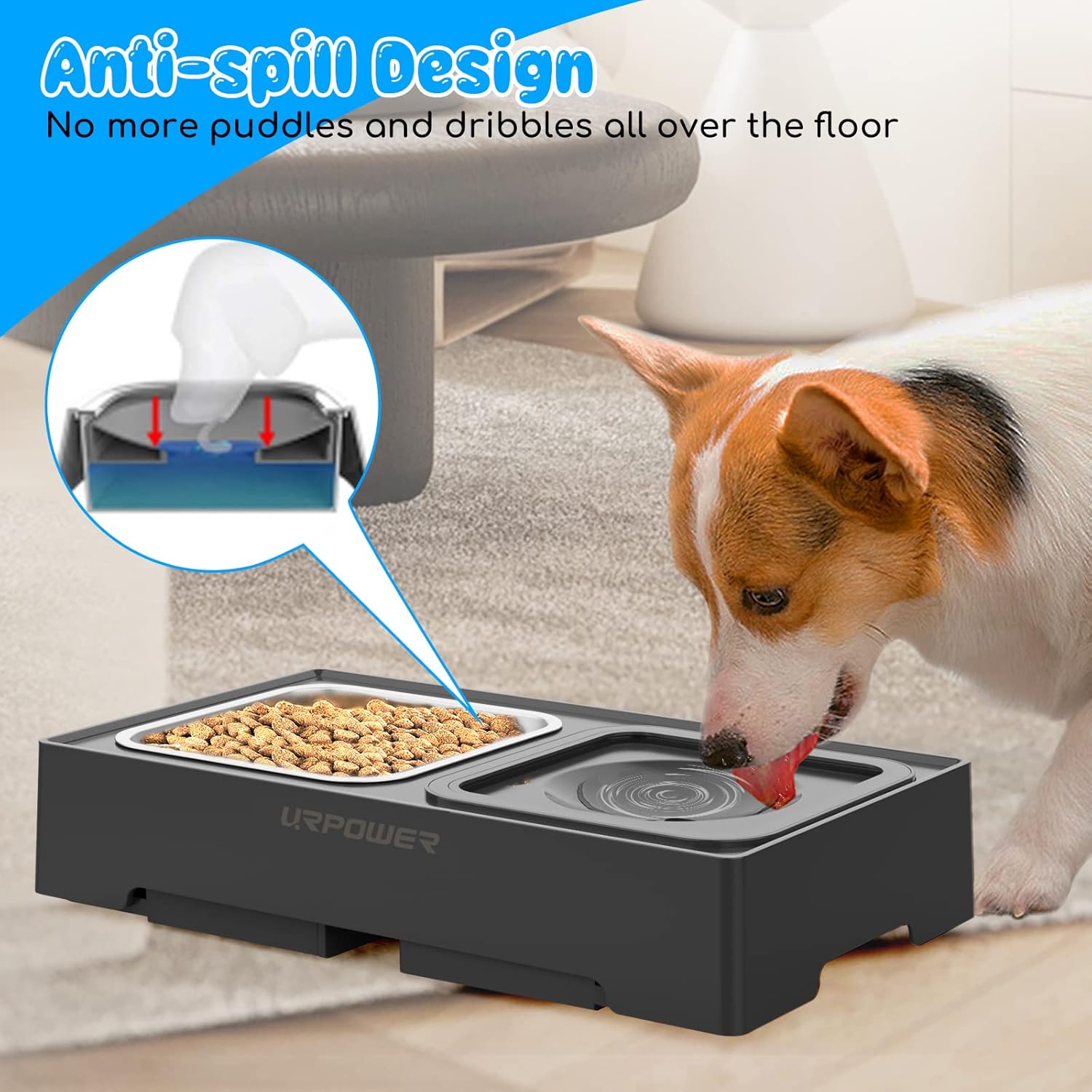 URPOWER 2-in-1 Elevated Dog Bowls 4 Height Adjustable Raised Dog Bowls with No Spill Water Bowl and Stainless Steel Food Bowl Non-Slip Stand for Small Medium Large Dogs