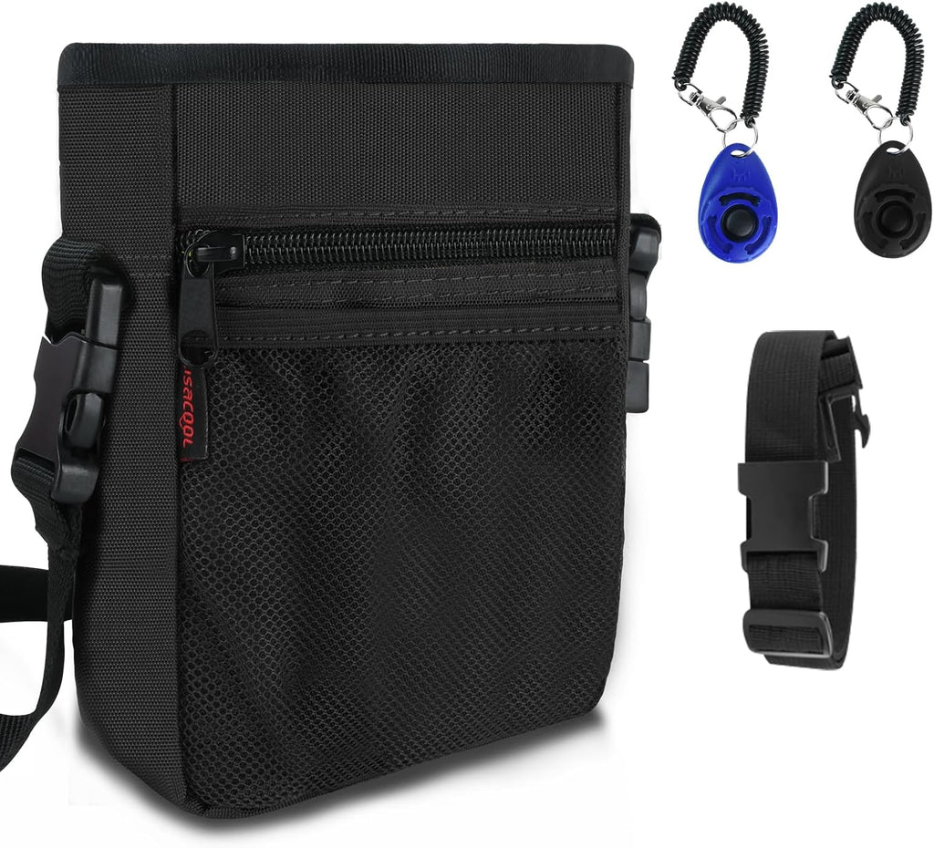 SZO Dog Treat Pouch - 3 Ways to Wear Treat Pouches for Pet Training, Dog Training Treat Pouch Bag and 2 Pieces Clicker Taining for Dogs with Waist Belt Shoulder Strap-Max Black