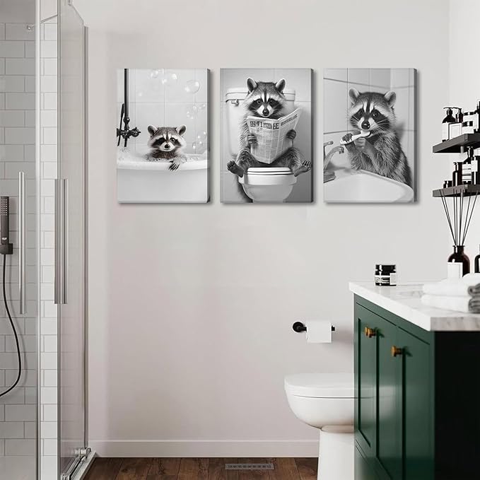 Funny Raccoon Bathroom Canvas Wall Art set of 3 Black and White Cute Raccoon Sitting on Toilet Poster Print Artwork Humor Adorable Animals Pictures Wall Decor for Washroom Restroom laundry 16x24in