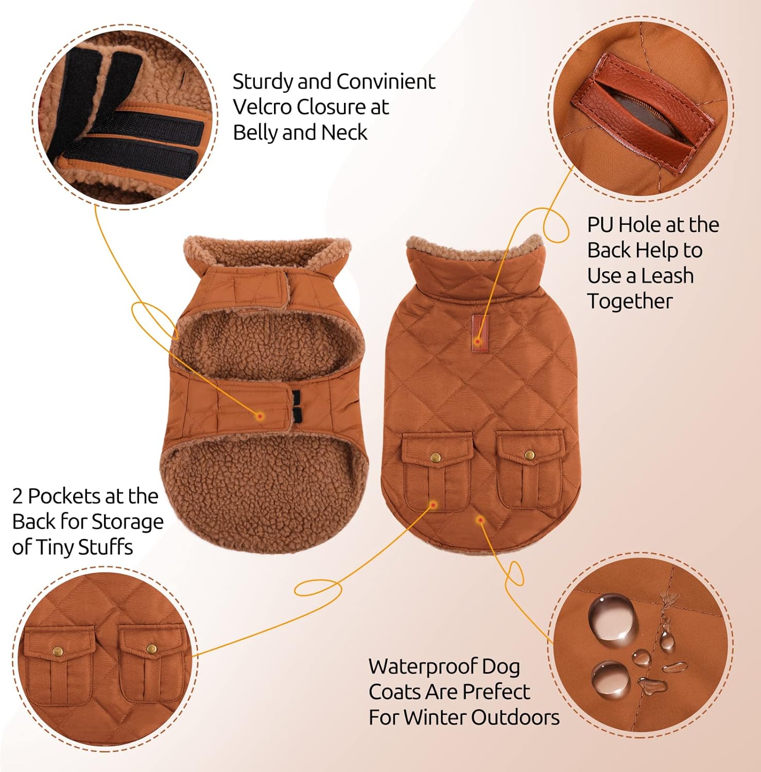 Queenmore Warm Puffer Dog Coat, Quilting Winter Jacket Ultra Thick Plush Lining with Storage Pockets (Brown, Small)