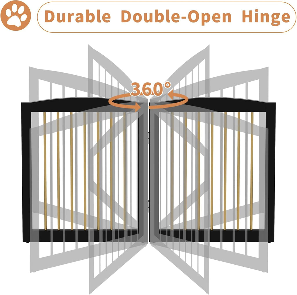 Freestanding Pet Gate for Dogs, Indoor Wooden Dog Gate for House, Foldable Dog Gate for Doorway, Stair, Step Over Pet Puppy Safety Fence Tall, 80 Inch Wide, 4 Panels 32", Black & Gold