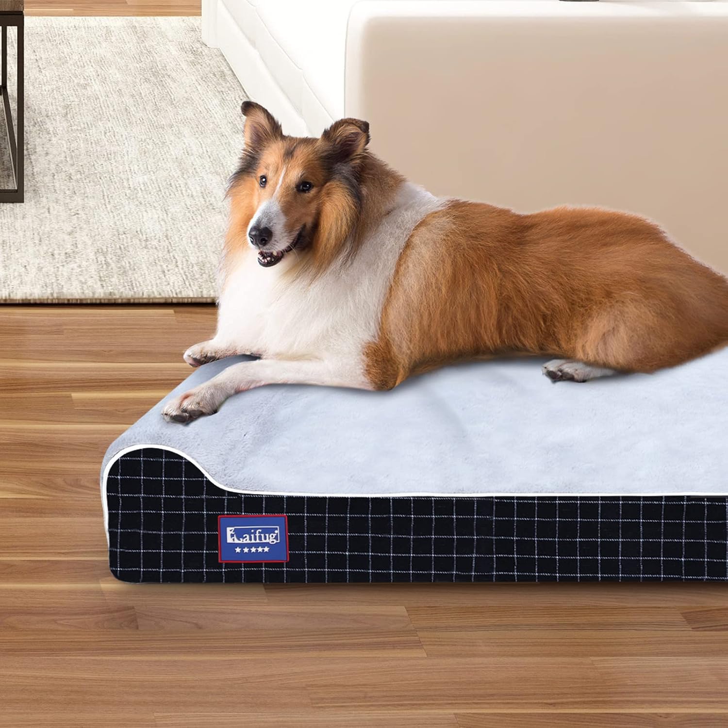 Laifug Orthopedic Memory Foam Extra Large Dog Bed with Pillow and Durable Water Proof Liner & Removable Washable Cover & Smart Design (Jumbo (50"x36"x10"), Black Grid Gray)