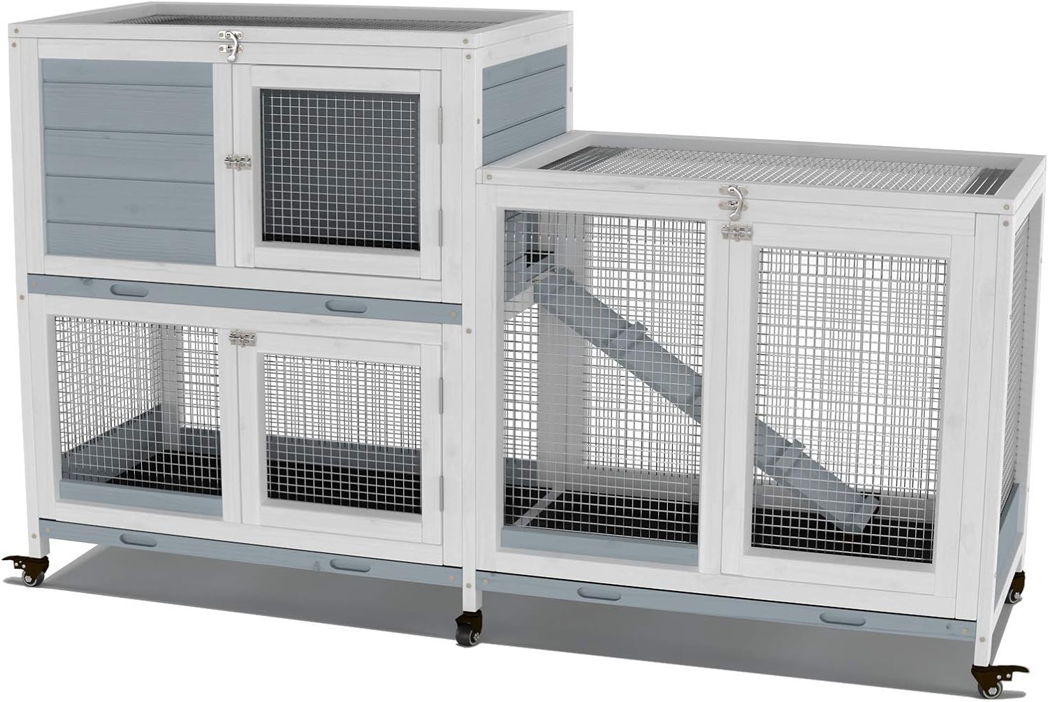GDLF Two Floors 58" Wooden Indoor Bunny Hutch Rabbit Cage on Wheels Guinea Pig PET House for Small to Medium Animals Waterproof No Leak Tray