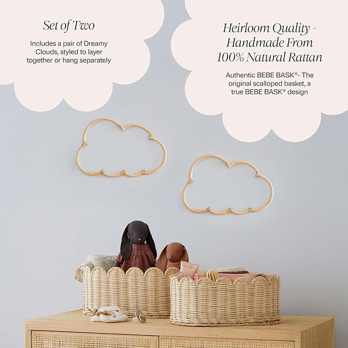 BEBE BASK Handmade Wicker Cloud Décor Set of 2 - Rattan Cloud Decorations - Décor for Bedroom and Baby Nursery Wall - for Girls Room