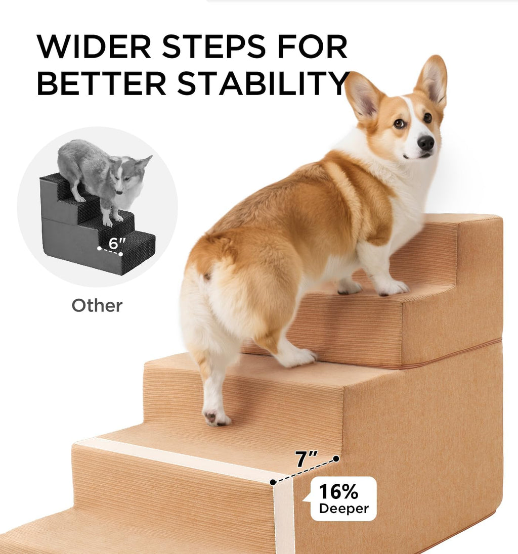 Made4Pets Dog Stairs for High Bed, Extra Wide Pet Stairs for Bed Couch Sofa, 35D Foam Pet Steps for Small Dogs and Cats, Non-Slip Bottom Dog Steps, Tan, 5 Steps