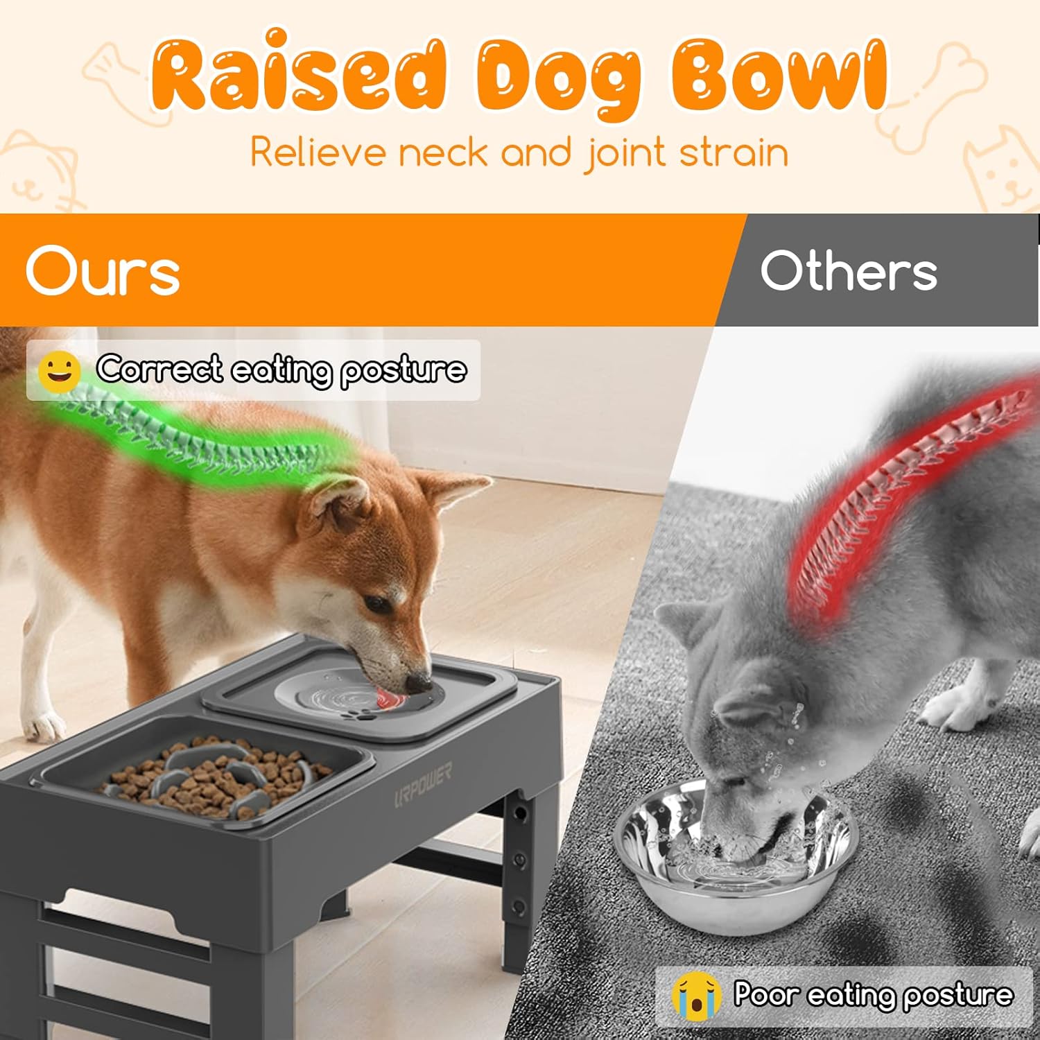 URPOWER 2-in-1 Elevated Slow Feeder with No Spill Dog Water Bowl 4 Height Adjustable Raised Bowl Stand for Small to Large Dogs, Cats & Pets