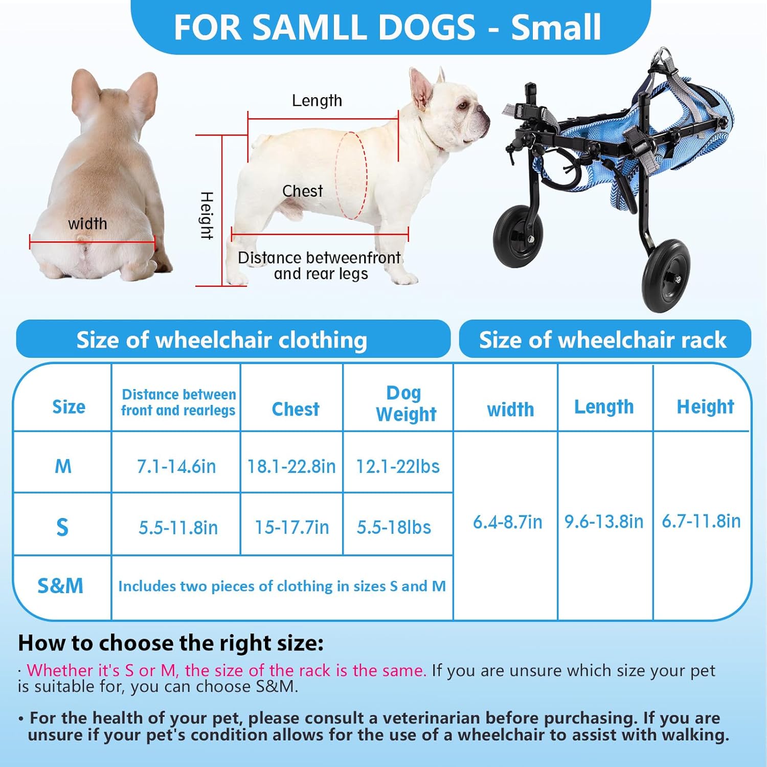 Updated Dog Wheelchair for Back Legs,Small Dog Wheelchair Carts with Wheels, Light Weight Wheelchair for Leg Support Helps Senior,Injured,Paralyzed, S & Blue