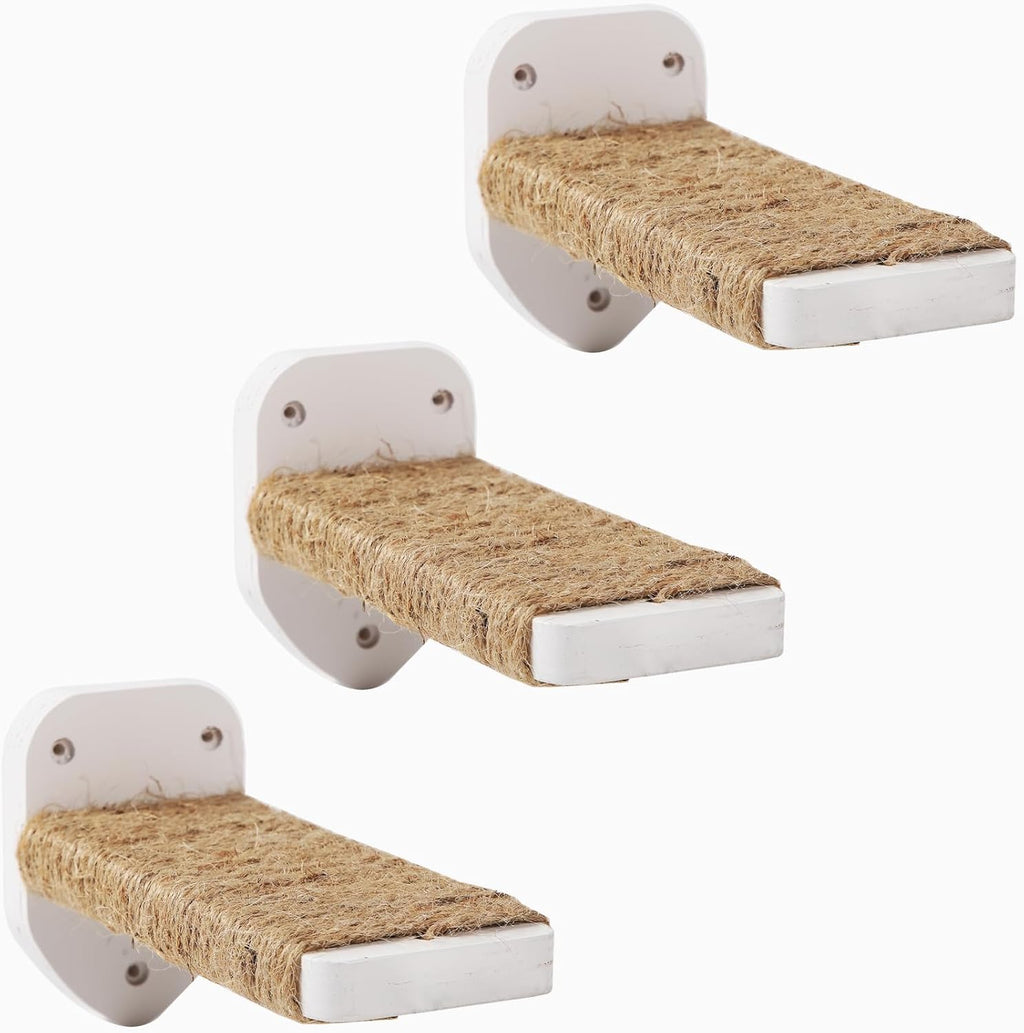 3-in-1 Cat Climbing Wall Steps with Hemp Rope, Shelves and Perches - Wall-Mounted Cat Furniture Set with Scratching Pads (White)