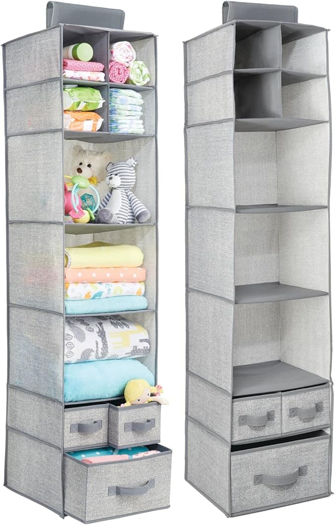 mDesign Fabric Hanging Organizer - Closet Rod Storage - 7 Shelves/3 Drawers for Baby Nursery Bedroom Organization - Hold Clothes, Linens, Toys, Accessories - Lido Collection - 2 Pack - Gray