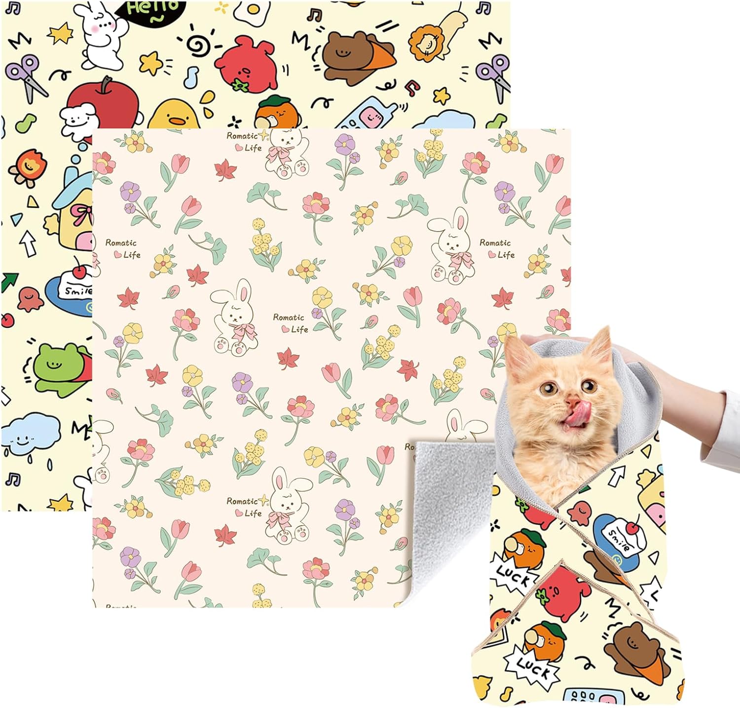 Cat Grooming Wrap, 2pcs [XL+XXL] Cat Restraint Wrap for Nail Clipping, Ear Cleaning, and Teeth Brushing, Self-Adherent, Anti-Bite, Anti-Scratch, Anti Scratch, Pink+Yellow