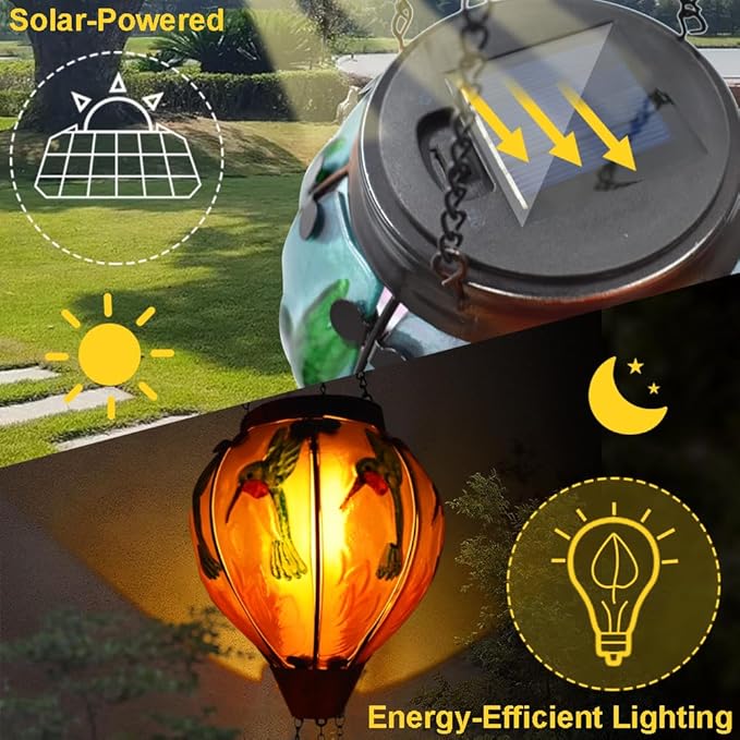 Hot Air Balloon Solar Lantern with Flickering Flame, Glass Hanging Garden Lights Outdoor Waterproof for Tree Yard Patio Mother's Day Gift, 18" H Hummingbird